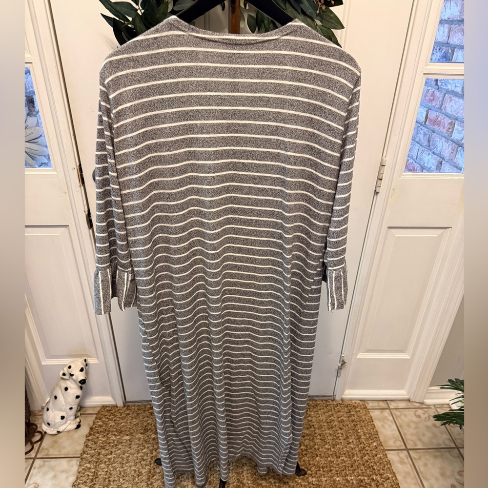 Umgee Boho Gray & White Stipe Long Open Front Duster Cardigan Coverup Kimono XL - Picture 2 of 9
